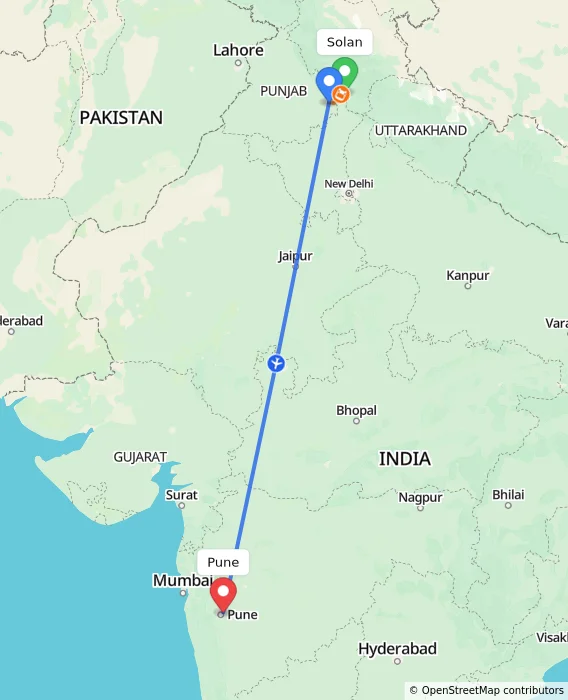 Route map showing distance and travel time from Solan, India to Pune, India