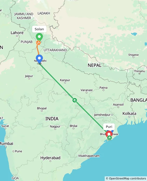 Route map showing distance and travel time from Solan, India to Puri, India