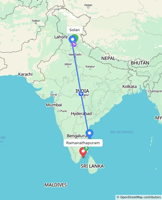 Route map showing distance and travel time from Solan, India to Ramanathapuram, India