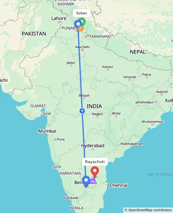 Route map showing distance and travel time from Solan, India to Rayachoti, India