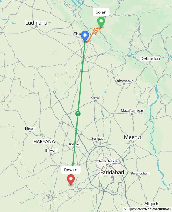 Route map showing distance and travel time from Solan, India to Rewari, India