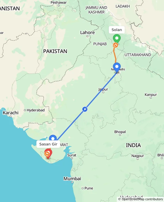 Route map showing distance and travel time from Solan, India to Sasan Gir, India