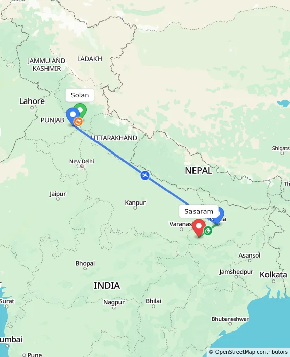 Route map showing distance and travel time from Solan, India to Sasaram, India