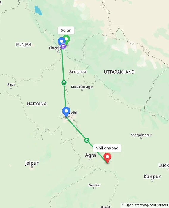 Route map showing distance and travel time from Solan, India to Shikohabad, India