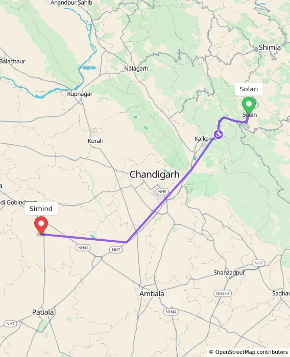 Route map showing distance and travel time from Solan, India to Sirhind, India