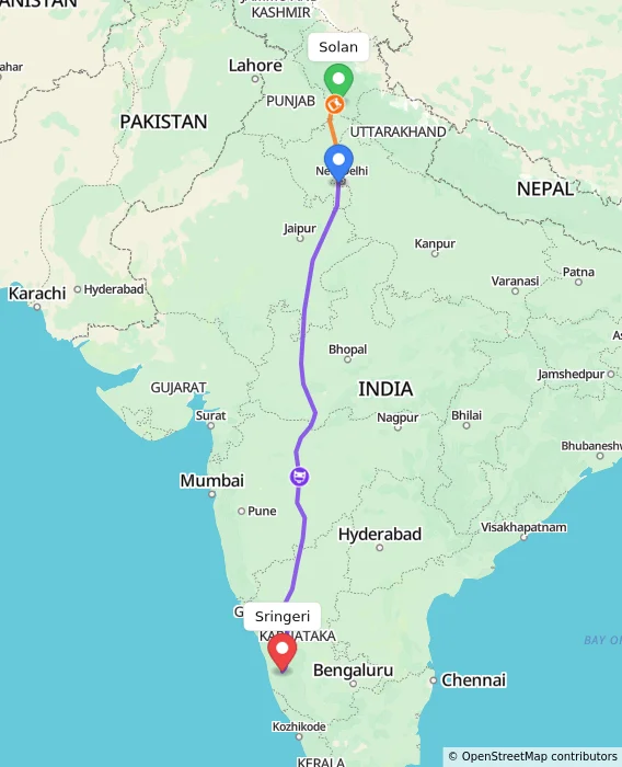 Route map showing distance and travel time from Solan, India to Sringeri, India