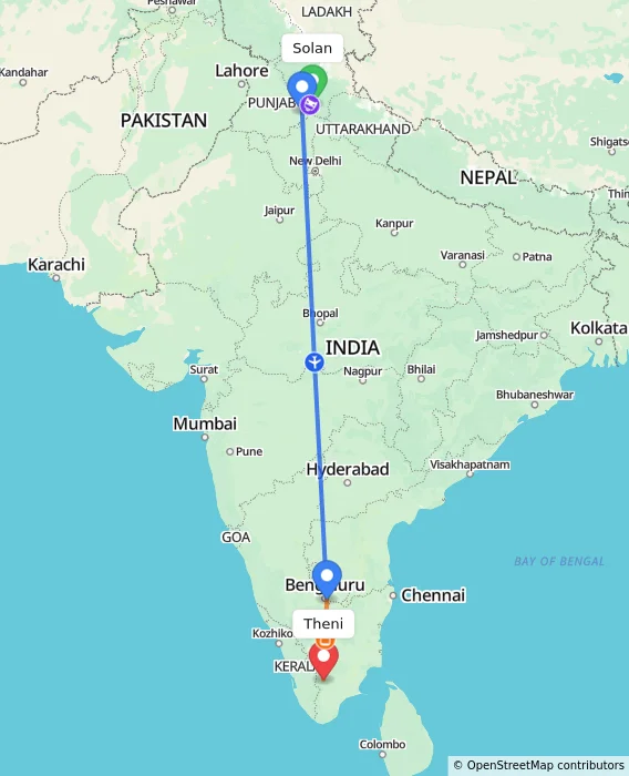 Route map showing distance and travel time from Solan, India to Theni, India