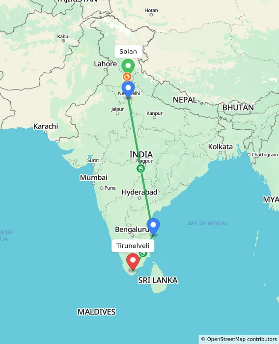 Route map showing distance and travel time from Solan, India to Tirunelveli, India