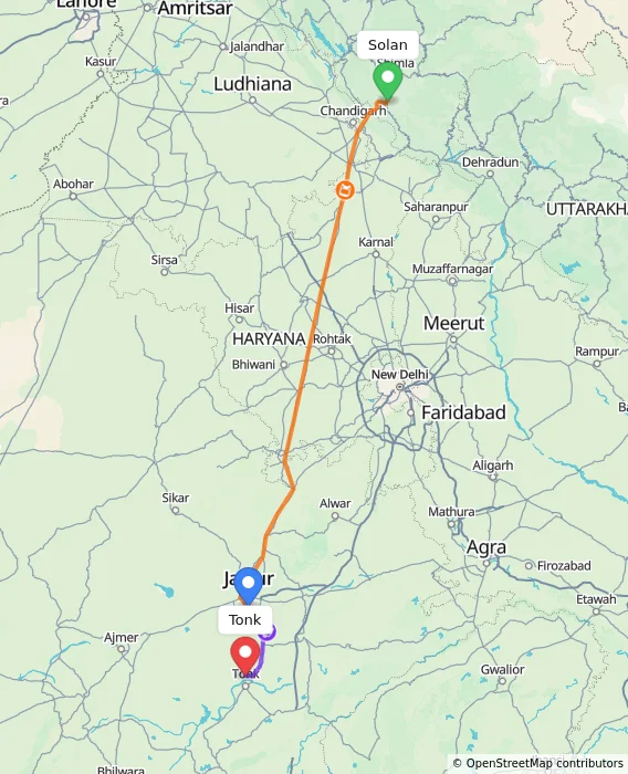 Route map showing distance and travel time from Solan, India to Tonk, India