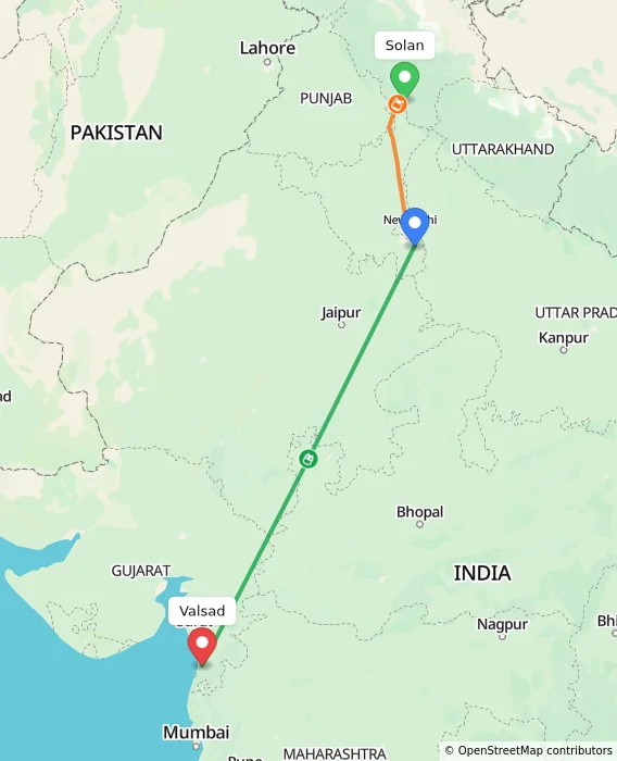 Route map showing distance and travel time from Solan, India to Valsad, India