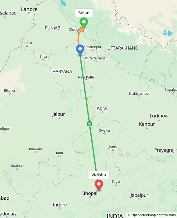 Route map showing distance and travel time from Solan, India to Vidisha, India