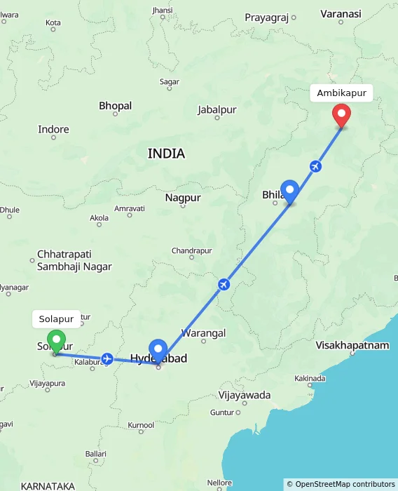 Route map showing distance and travel time from Solapur, India to Ambikapur, India