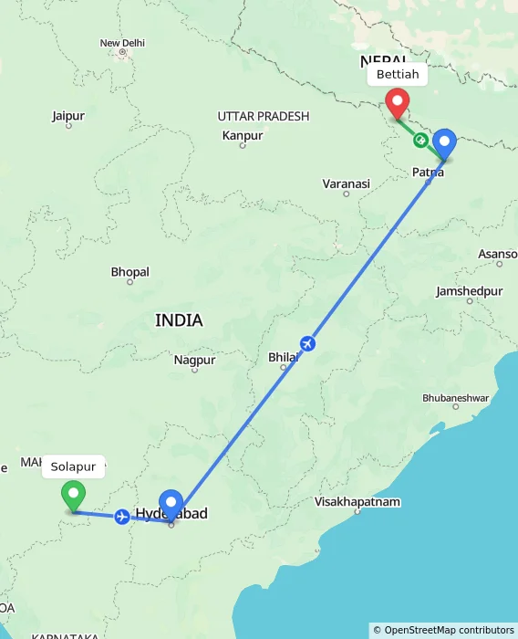 Route map showing distance and travel time from Solapur, India to Bettiah, India