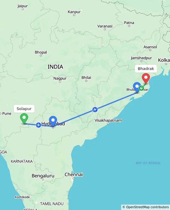 Route map showing distance and travel time from Solapur, India to Bhadrak, India