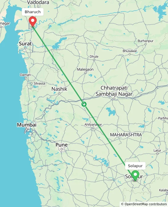 Route map showing distance and travel time from Solapur, India to Bharuch, India