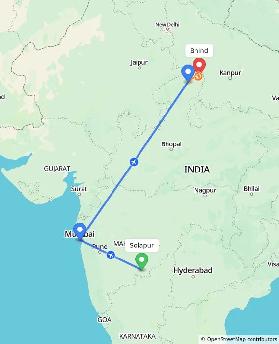Route map showing distance and travel time from Solapur, India to Bhind, India