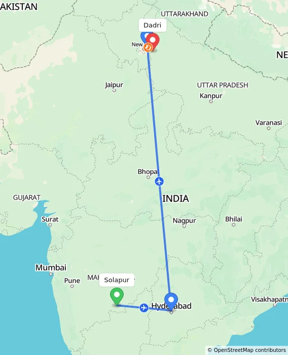 Route map showing distance and travel time from Solapur, India to Dadri, India