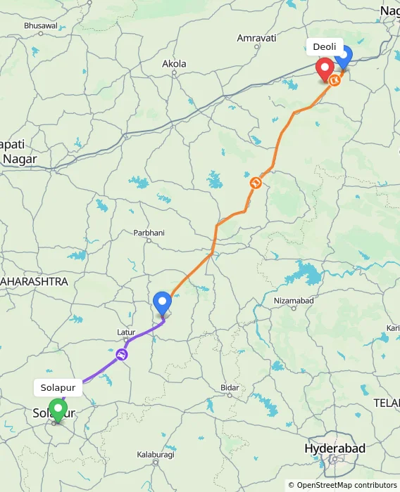 Route map showing distance and travel time from Solapur, India to Deoli, India