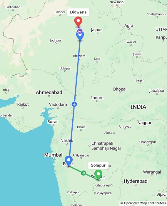 Route map showing distance and travel time from Solapur, India to Didwana, India