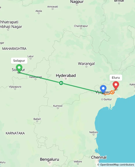 Route map showing distance and travel time from Solapur, India to Eluru, India