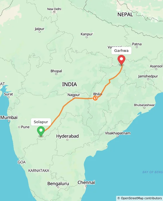 Route map showing distance and travel time from Solapur, India to Garhwa, India