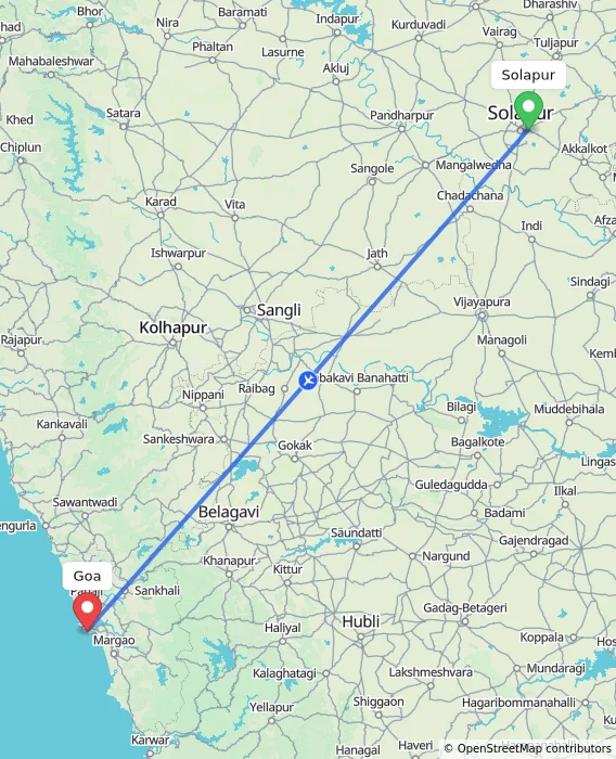 Route map showing distance and travel time from Solapur, India to Goa, India