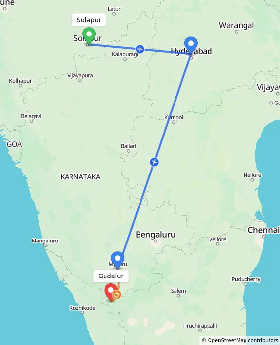 Route map showing distance and travel time from Solapur, India to Gudalur, India