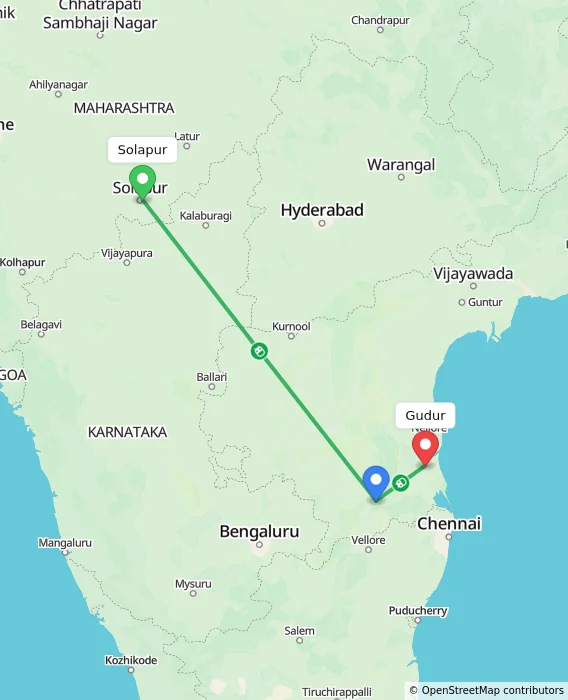 Route map showing distance and travel time from Solapur, India to Gudur, India
