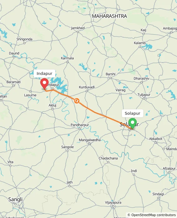 Route map showing distance and travel time from Solapur, India to Indapur, India