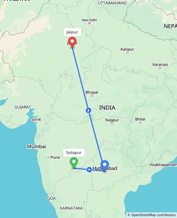 Route map showing distance and travel time from Solapur, India to Jaipur, India