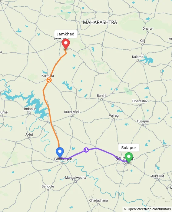 Route map showing distance and travel time from Solapur, India to Jamkhed, India