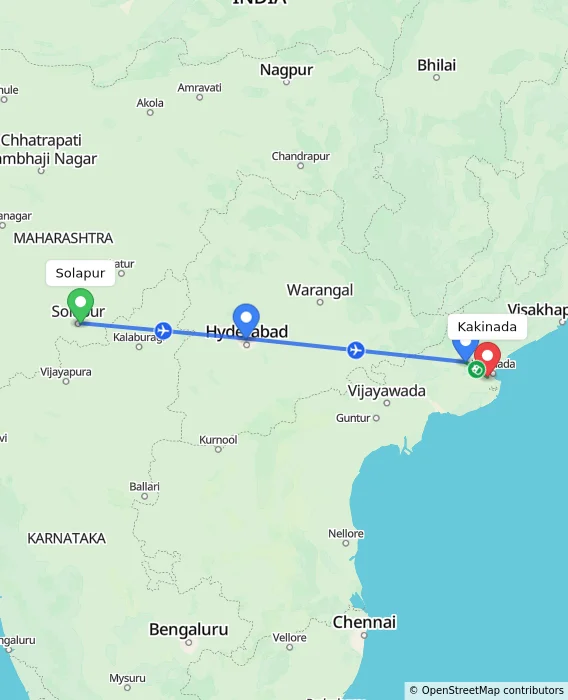 Route map showing distance and travel time from Solapur, India to Kakinada, India