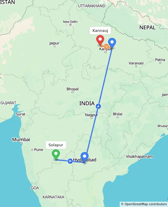 Route map showing distance and travel time from Solapur, India to Kannauj, India