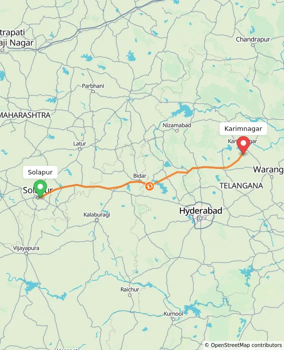 Route map showing distance and travel time from Solapur, India to Karimnagar, India