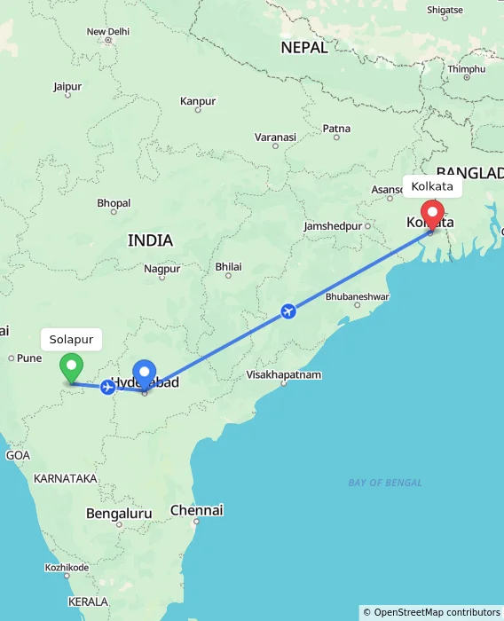 Route map showing distance and travel time from Solapur, India to Kolkata, India