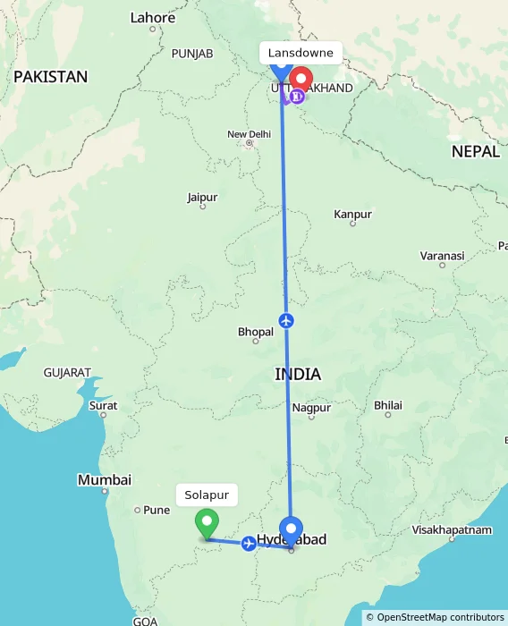 Route map showing distance and travel time from Solapur, India to Lansdowne, India