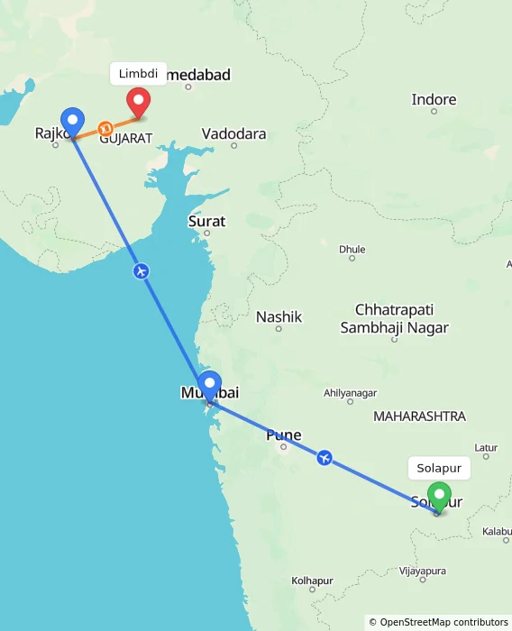 Route map showing distance and travel time from Solapur, India to Limbdi, India