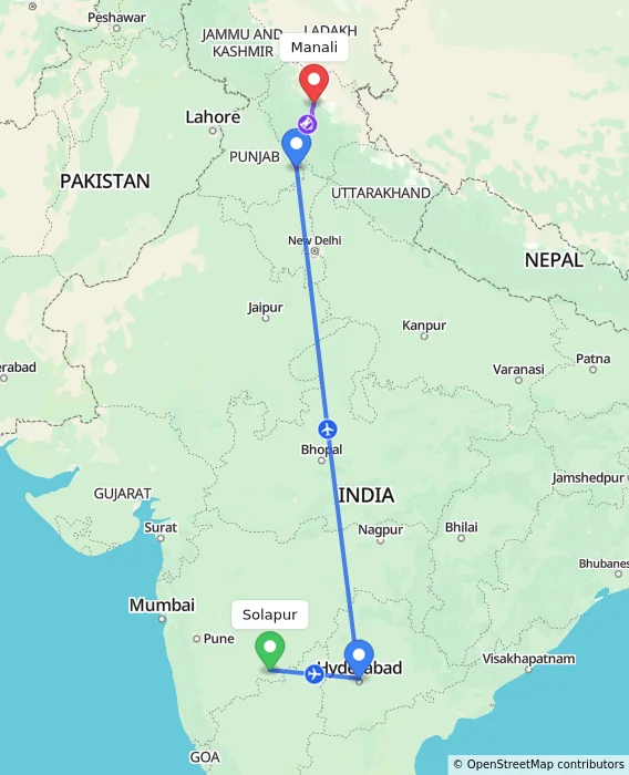Route map showing distance and travel time from Solapur, India to Manali, India