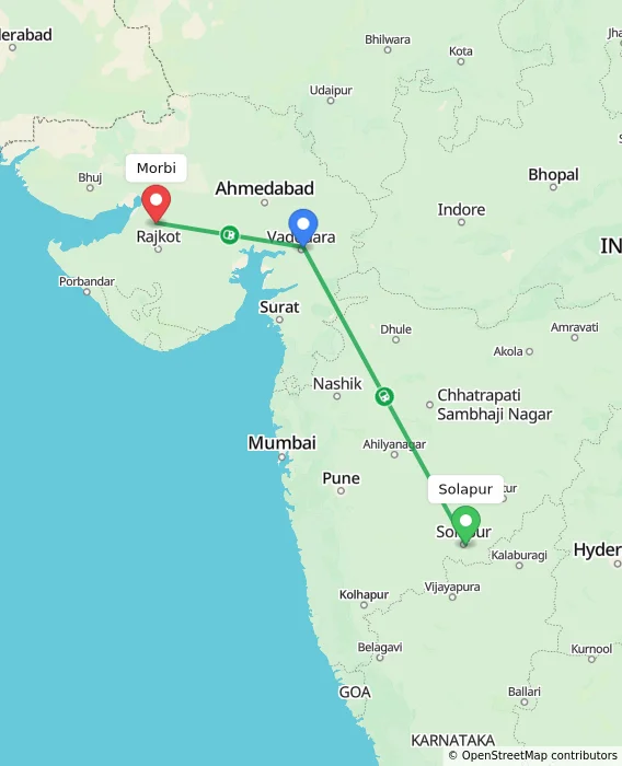 Route map showing distance and travel time from Solapur, India to Morbi, India