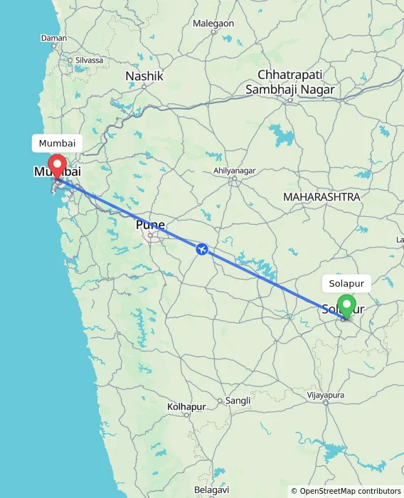 Route map showing distance and travel time from Solapur, India to Mumbai, India