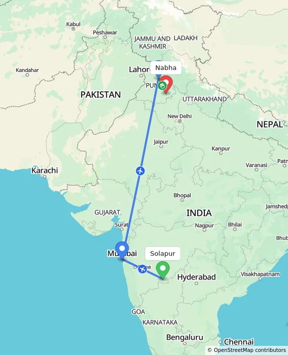 Route map showing distance and travel time from Solapur, India to Nabha, India