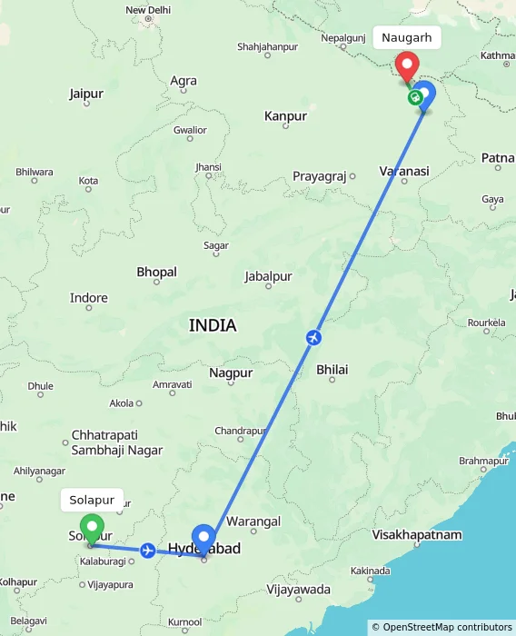 Route map showing distance and travel time from Solapur, India to Naugarh, India
