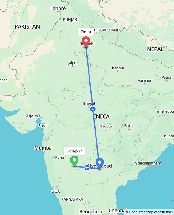 Route map showing distance and travel time from Solapur, India to Delhi, India