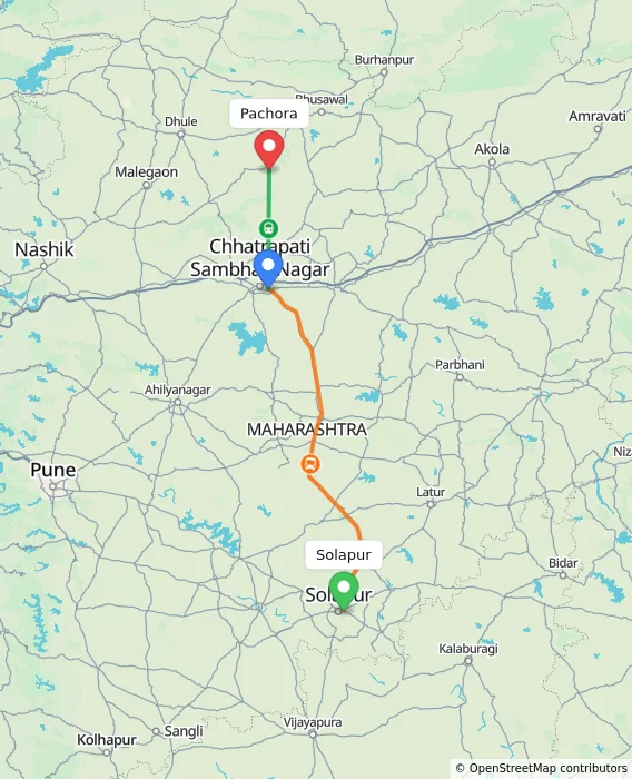Route map showing distance and travel time from Solapur, India to Pachora, India