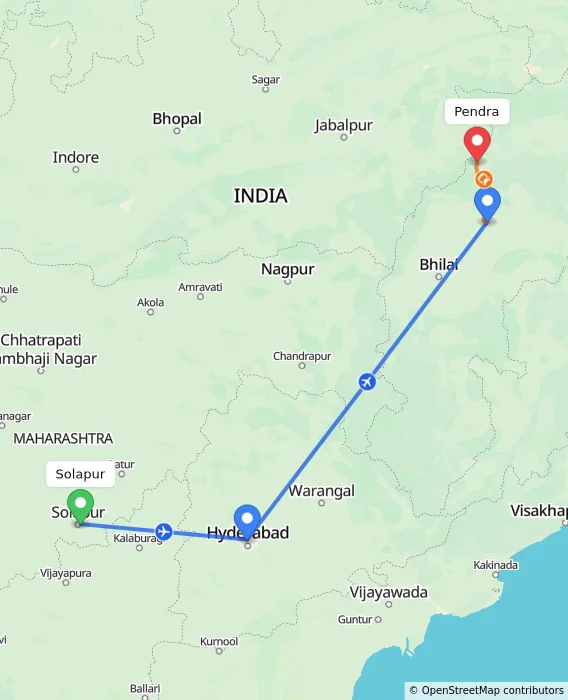 Route map showing distance and travel time from Solapur, India to Pendra, India