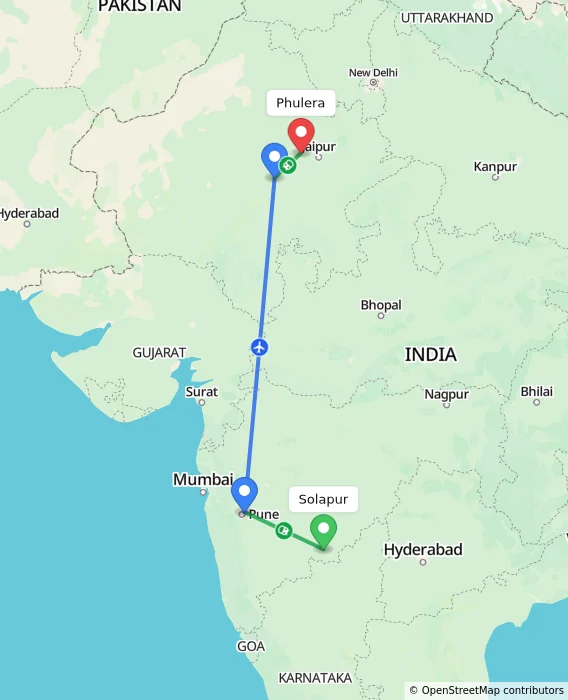 Route map showing distance and travel time from Solapur, India to Phulera, India