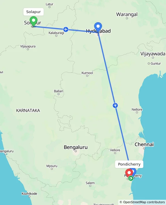 Route map showing distance and travel time from Solapur, India to Puducherry, India