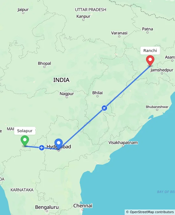 Route map showing distance and travel time from Solapur, India to Ranchi, India