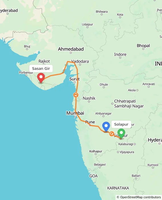 Route map showing distance and travel time from Solapur, India to Sasan Gir, India