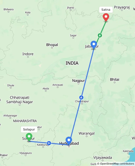 Route map showing distance and travel time from Solapur, India to Satna, India